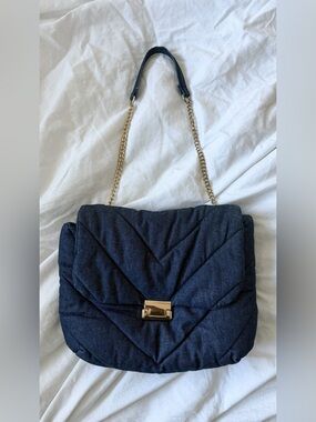 Quilted Denim Shoulder Bag with Chain Strap